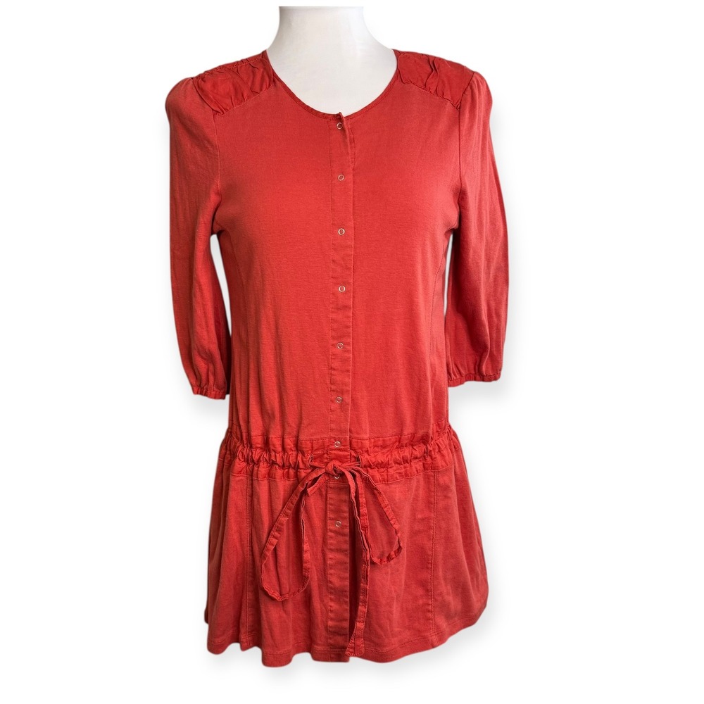 Anthropologie TINY Cotton‎ Button Front Drawstring Waist 3/4 Sleeve Tunic Red